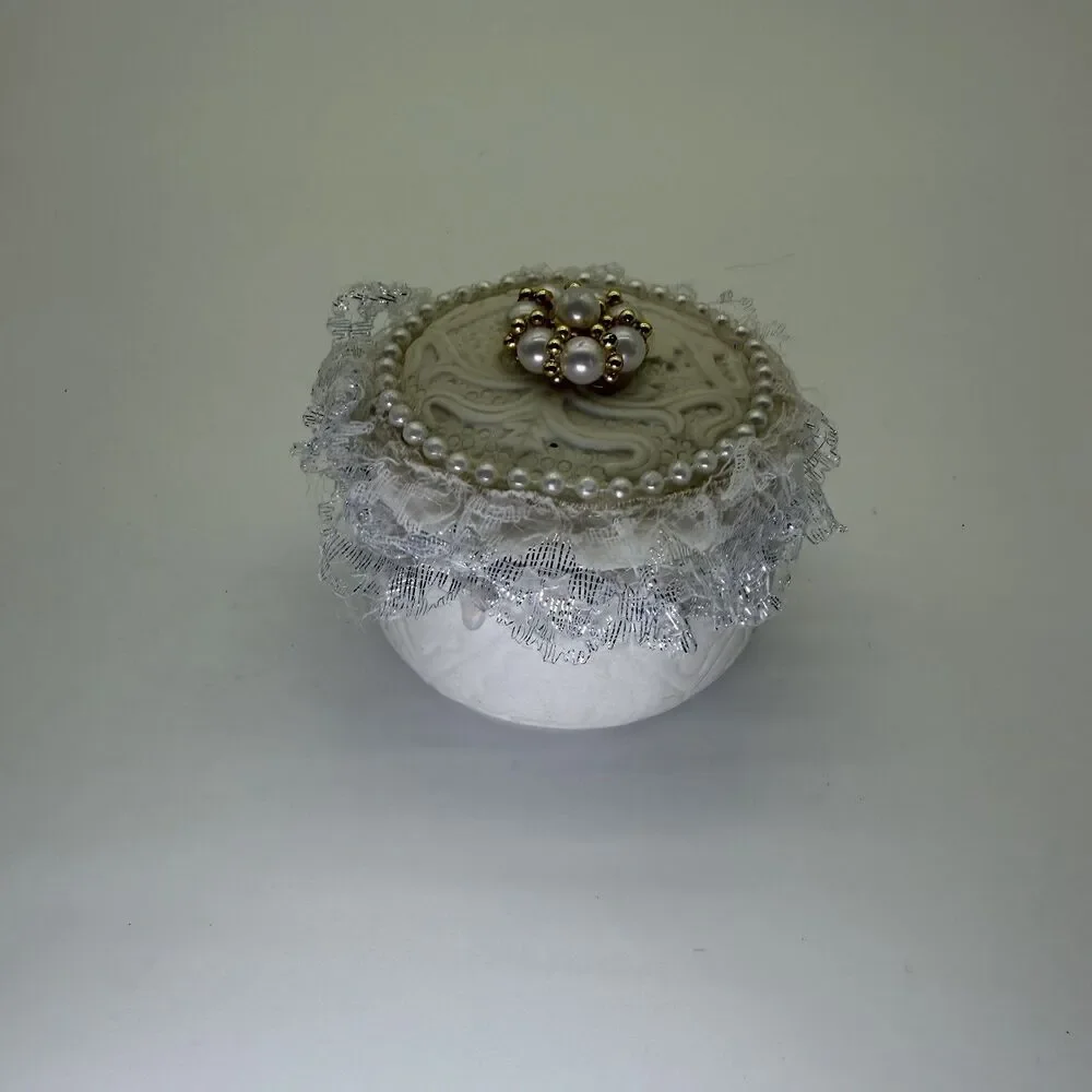 Handmade Ceramic Ring Box Trinket Engagement Wedding Embroidery Lace Pearls